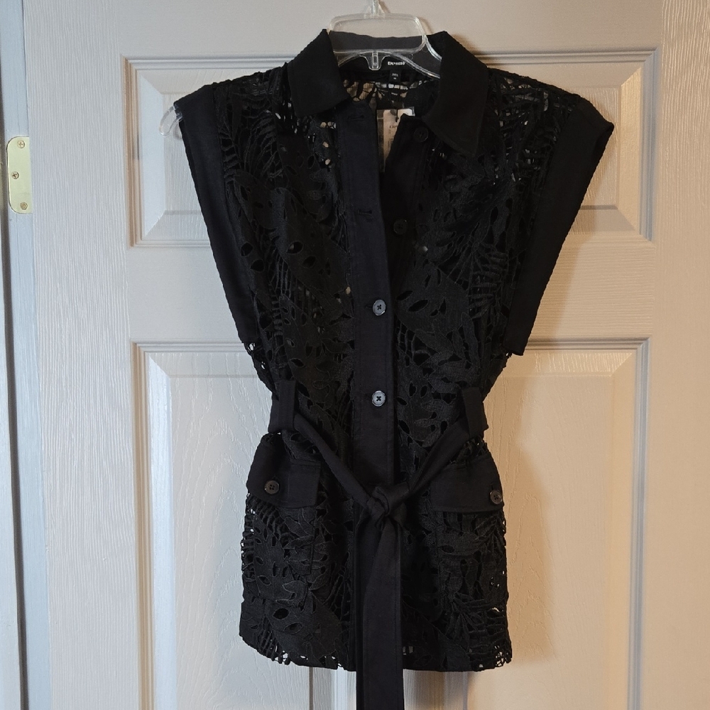 Express Black Lace Button-Up Blouse